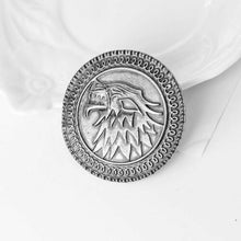 Load image into Gallery viewer, GAME OF THRONES STARK HOUSE CREST VINTAGE DIREWOLF SHIELD BADGE PIN IN GIFT BOX

