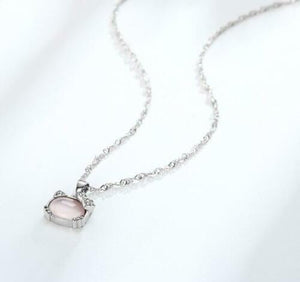 Hello Kitty Rose Quartz with CZ Bow 925 Silver Plated Necklace in Gift Box