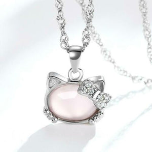 Hello Kitty Rose Quartz with CZ Bow 925 Silver Plated Necklace in Gift Box