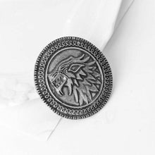 Load image into Gallery viewer, GAME OF THRONES STARK HOUSE CREST VINTAGE DIREWOLF SHIELD BADGE PIN IN GIFT BOX

