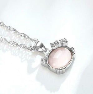 Hello Kitty Rose Quartz with CZ Bow 925 Silver Plated Necklace in Gift Box